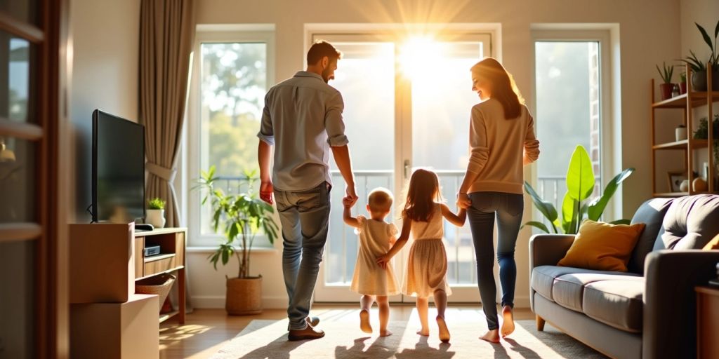 Famille heureuse dans une nouvelle maison moderne.