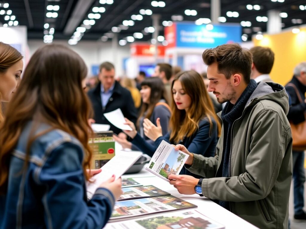 Des trentenaires explorant un salon de l'immobilier.