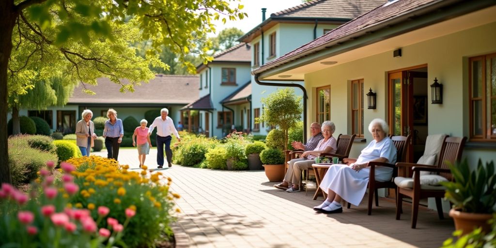 Établissement d'hébergement pour personnes âgées avec jardin.