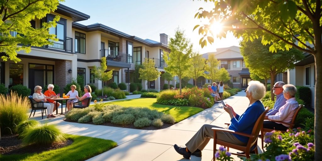 Résidence seniors moderne avec jardins et résidents heureux.