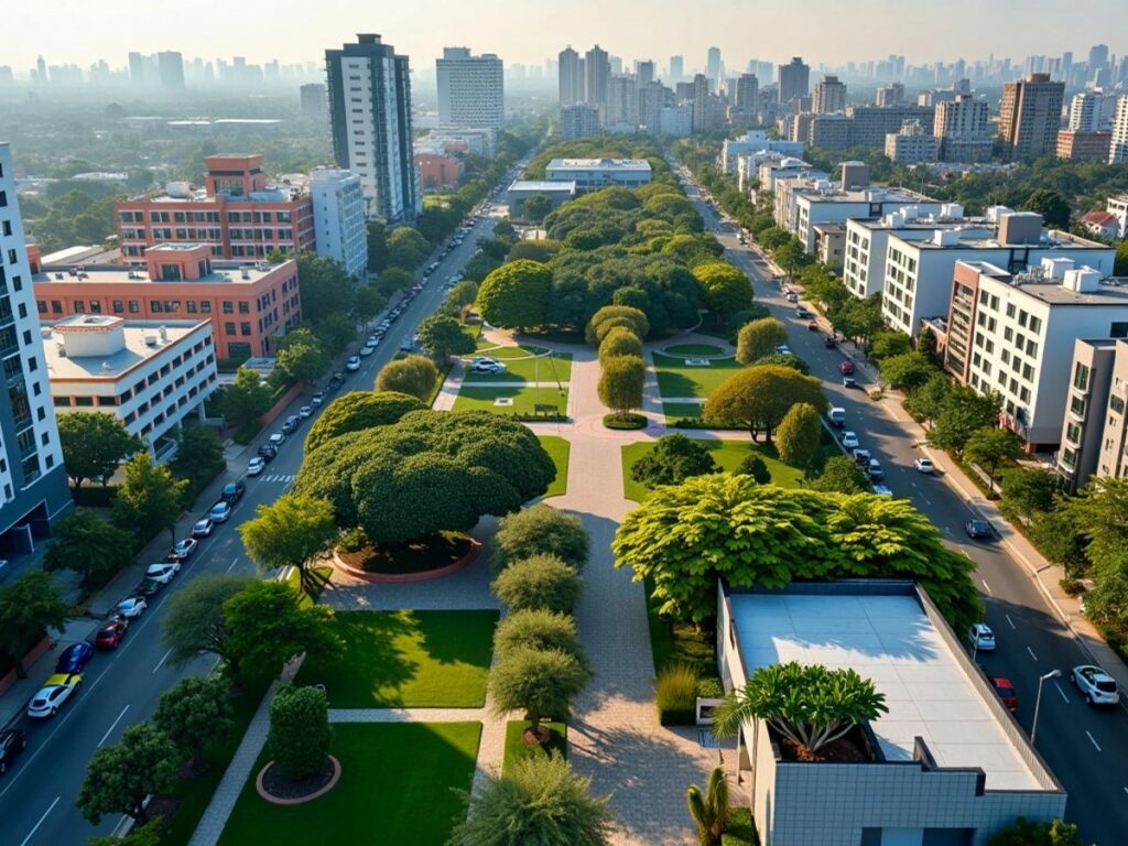 Vue aérienne de villes avec des bâtiments modernes.