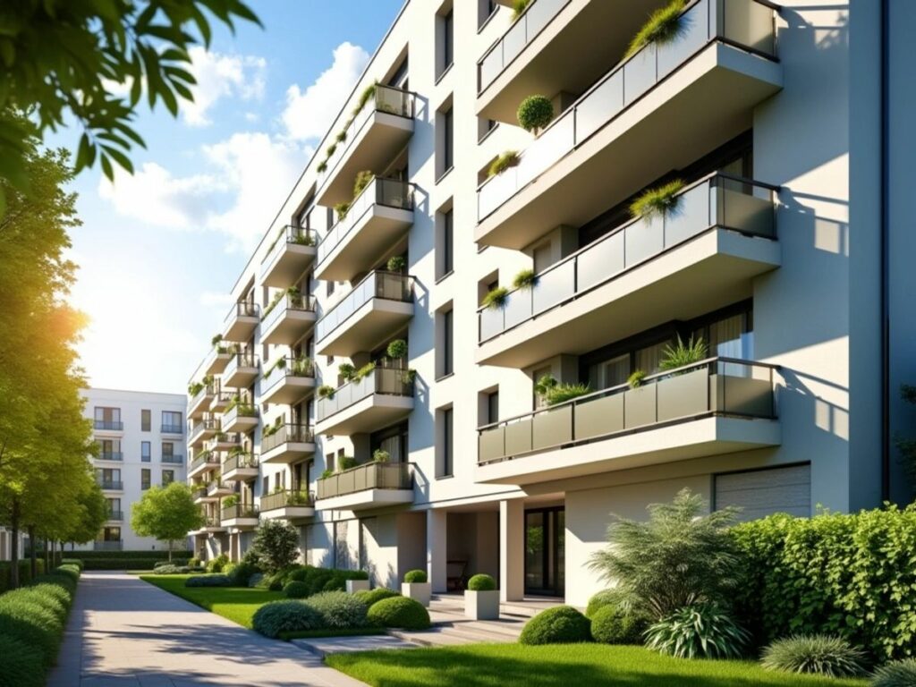 Immeuble moderne avec balcons et verdure environnante.