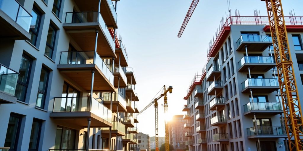 Bâtiment résidentiel moderne en construction avec échafaudages.