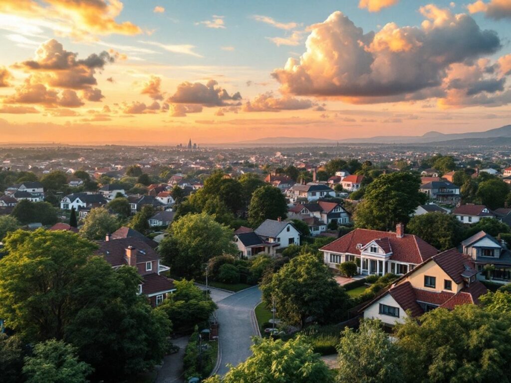 Maisons individuelles dans un paysage verdoyant.