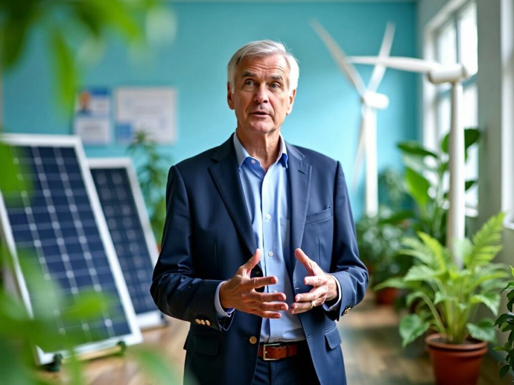 Michel Barnier avec des panneaux solaires et éoliennes.