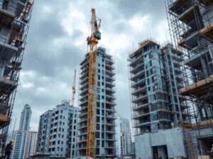 Bâtiment résidentiel moderne en construction avec échafaudages.