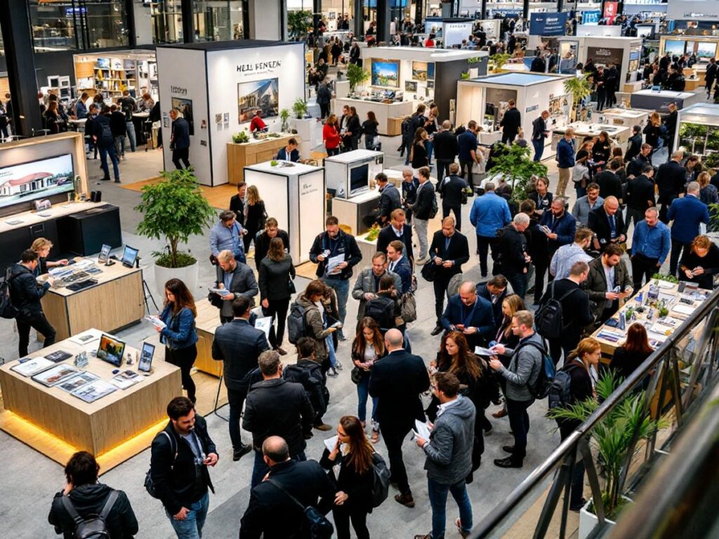 Salon immobilier à Caen avec visiteurs et stands modernes.