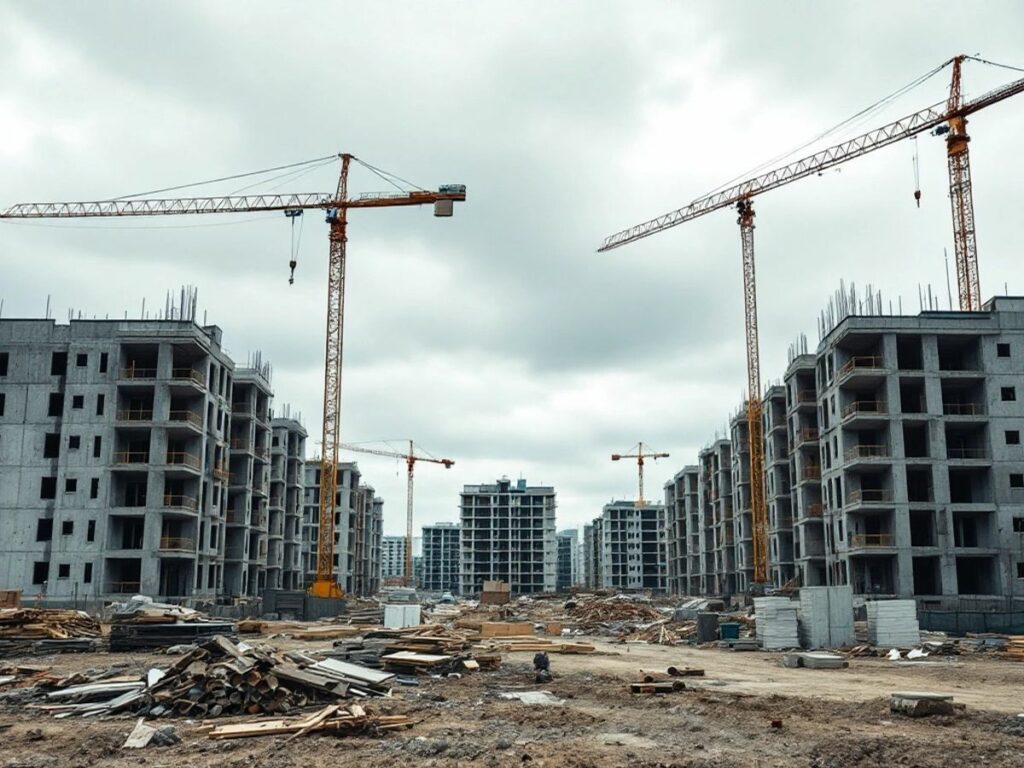 Chantier de construction avec bâtiments inachevés et matériaux éparpillés.