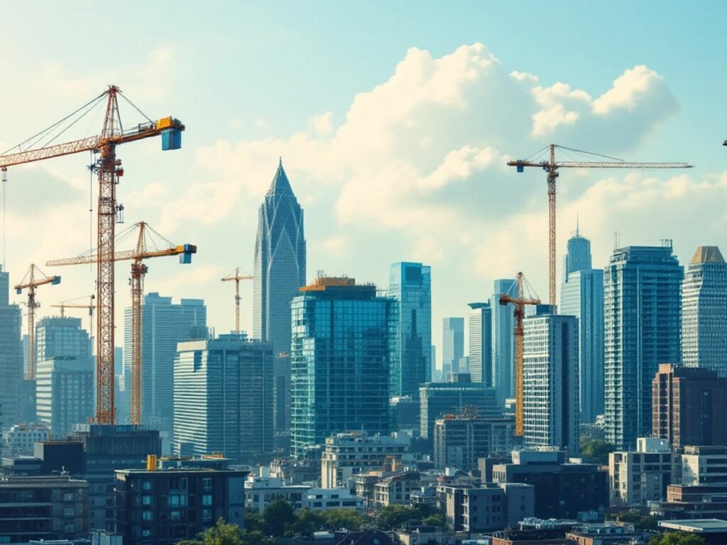 Vue de la ville avec des grues et des constructions.