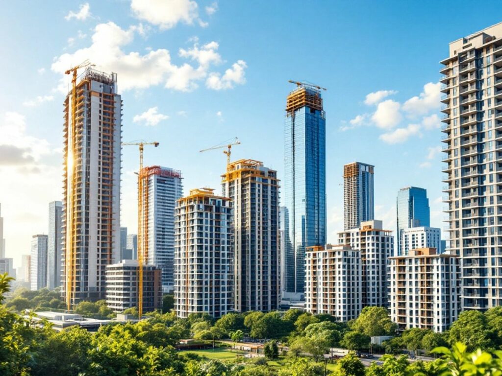 Vue de la ville avec des logements neufs.