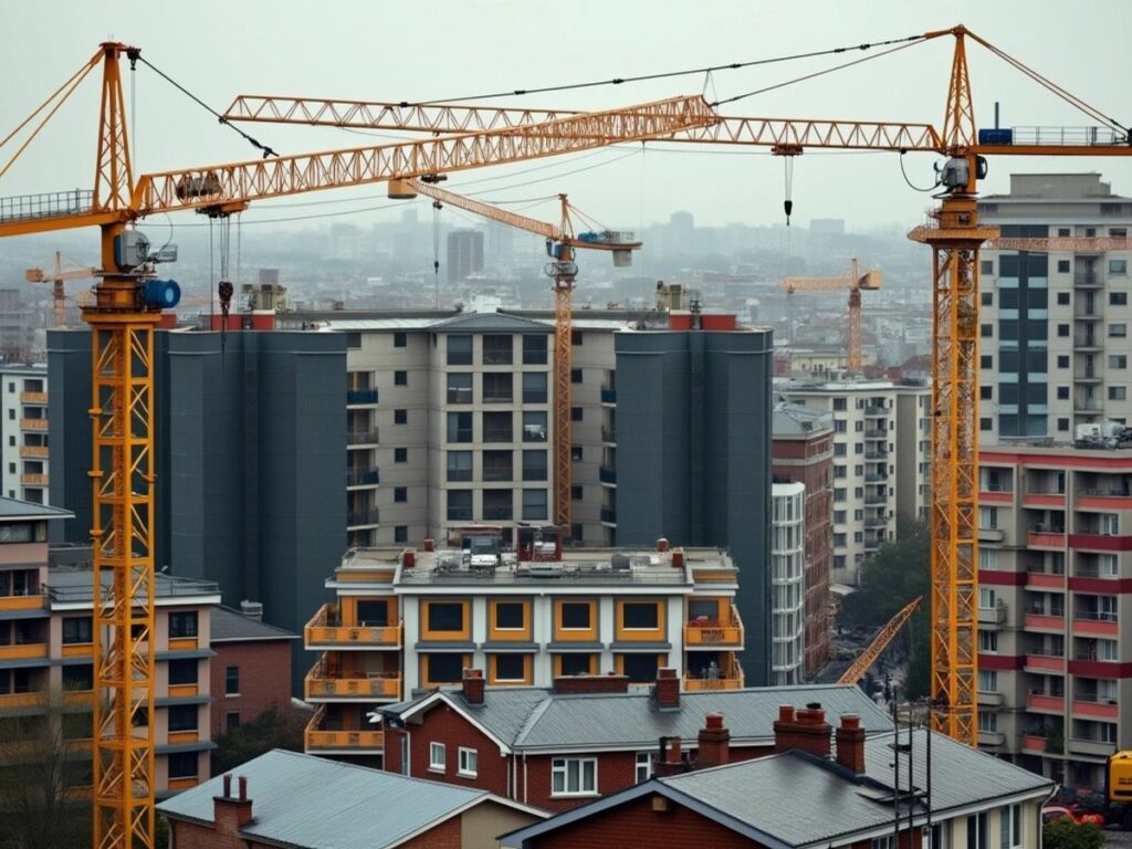 Paysage urbain avec des grues et des bâtiments inachevés.