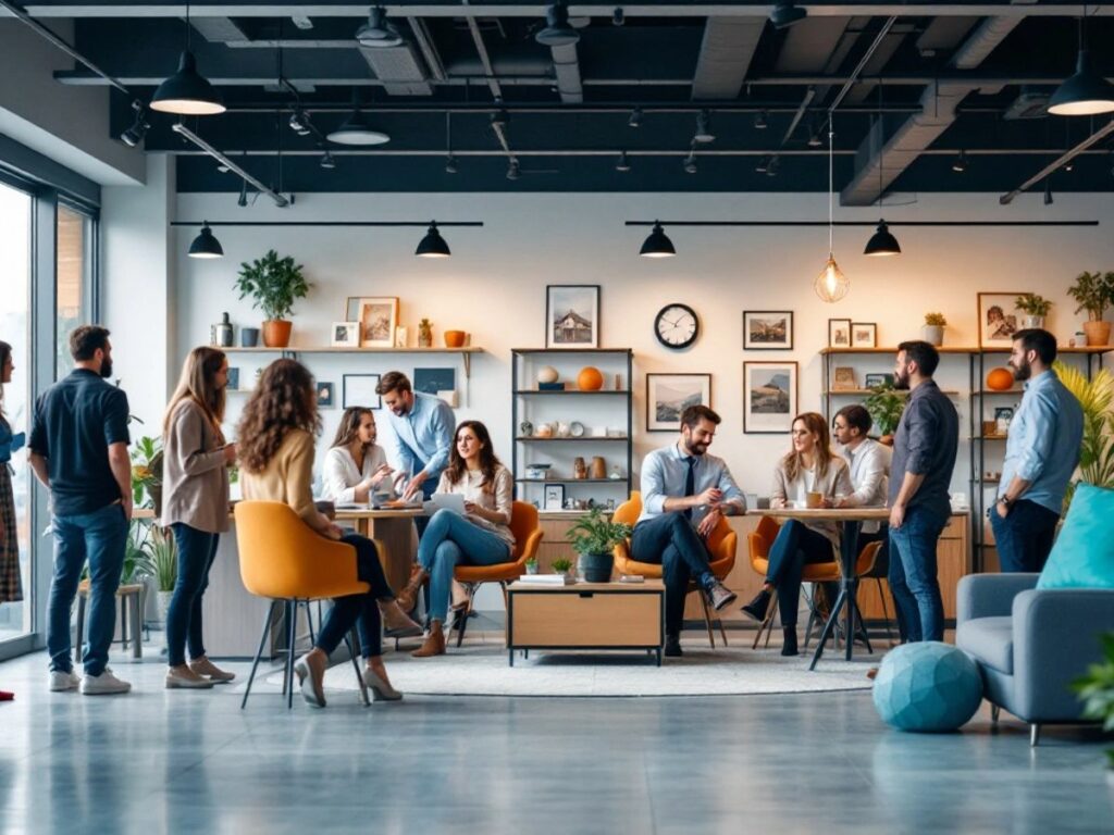 Bureau immobilier animé avec agents et clients en discussion.