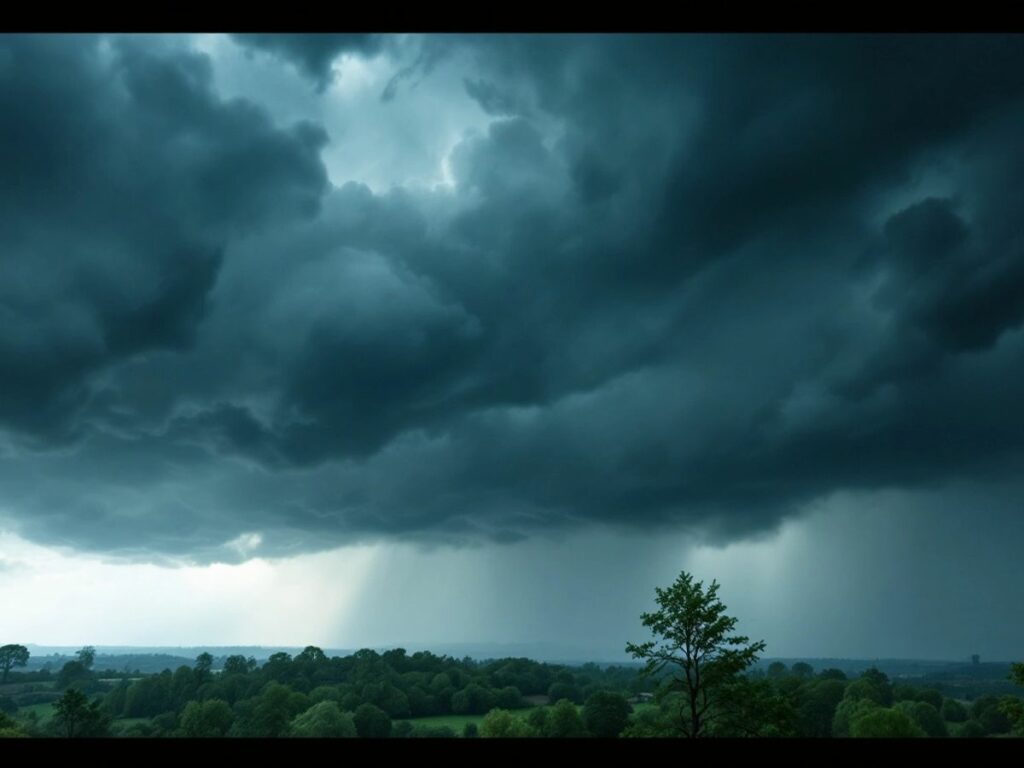 Ciel orageux sur un paysage français.