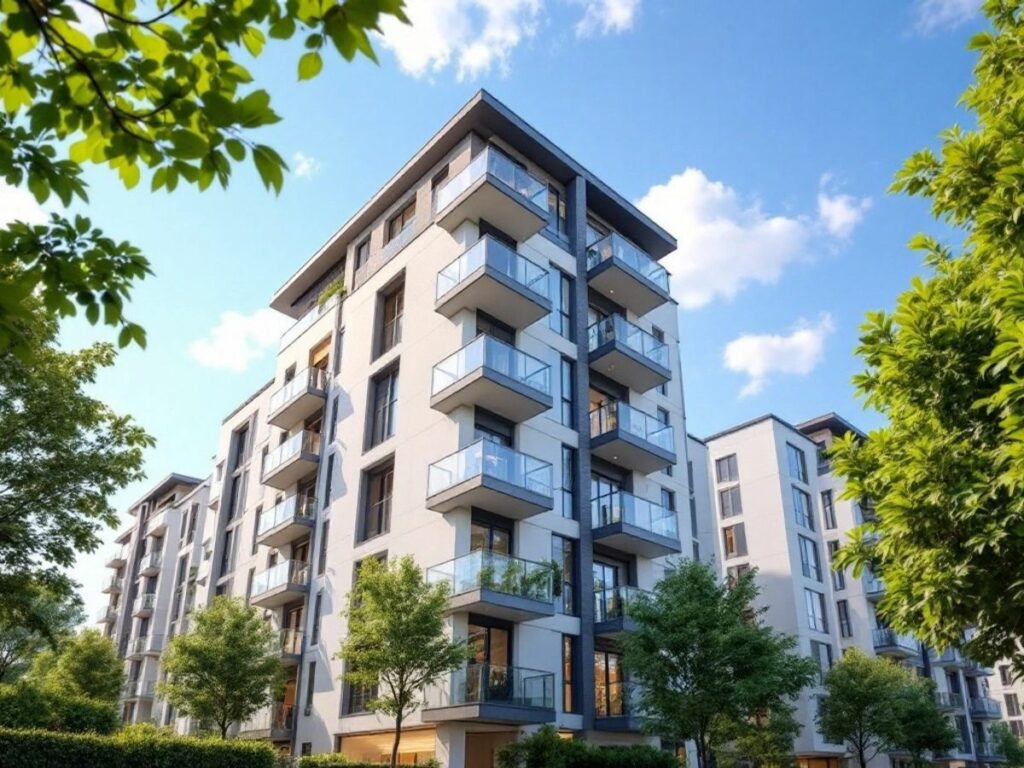 Un bâtiment moderne avec un ciel bleu clair.