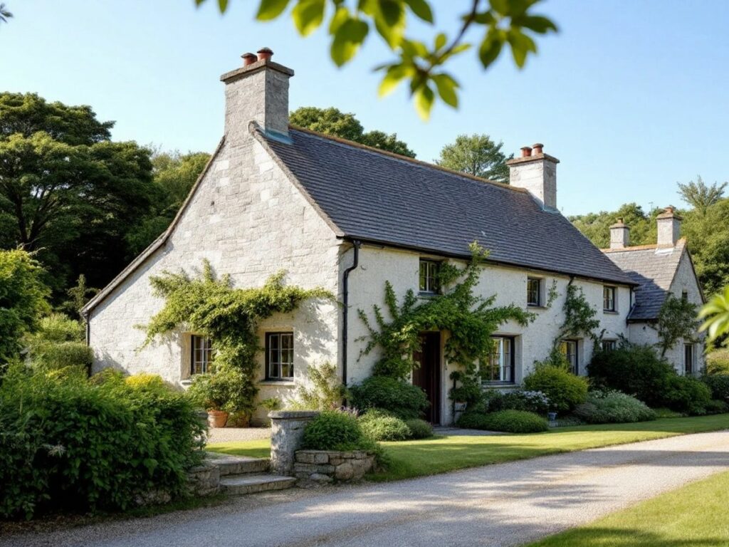 Maison bretonne traditionnelle entourée de verdure.