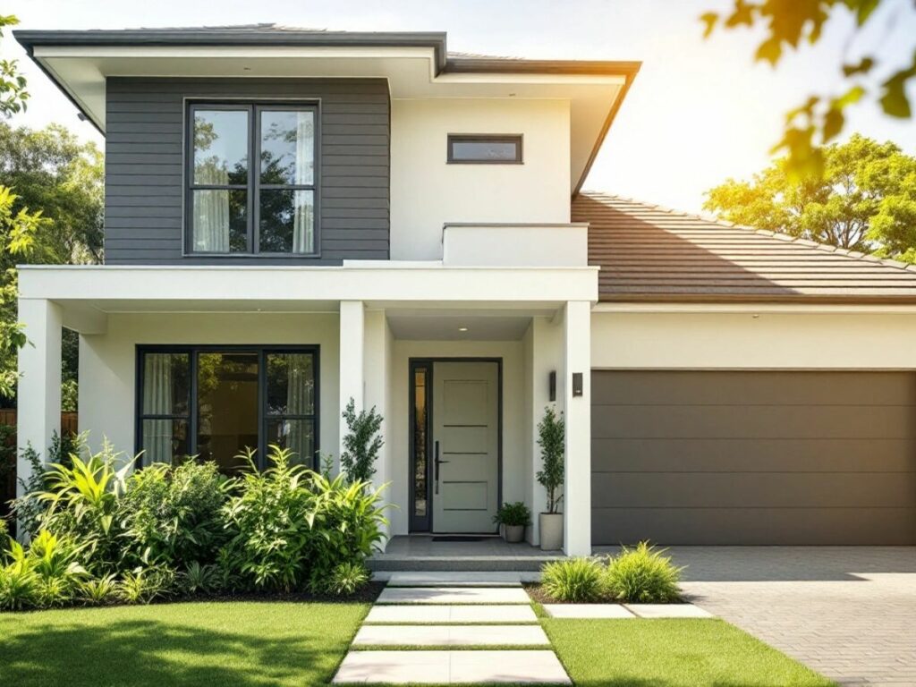 Maison neuve entourée de verdure.